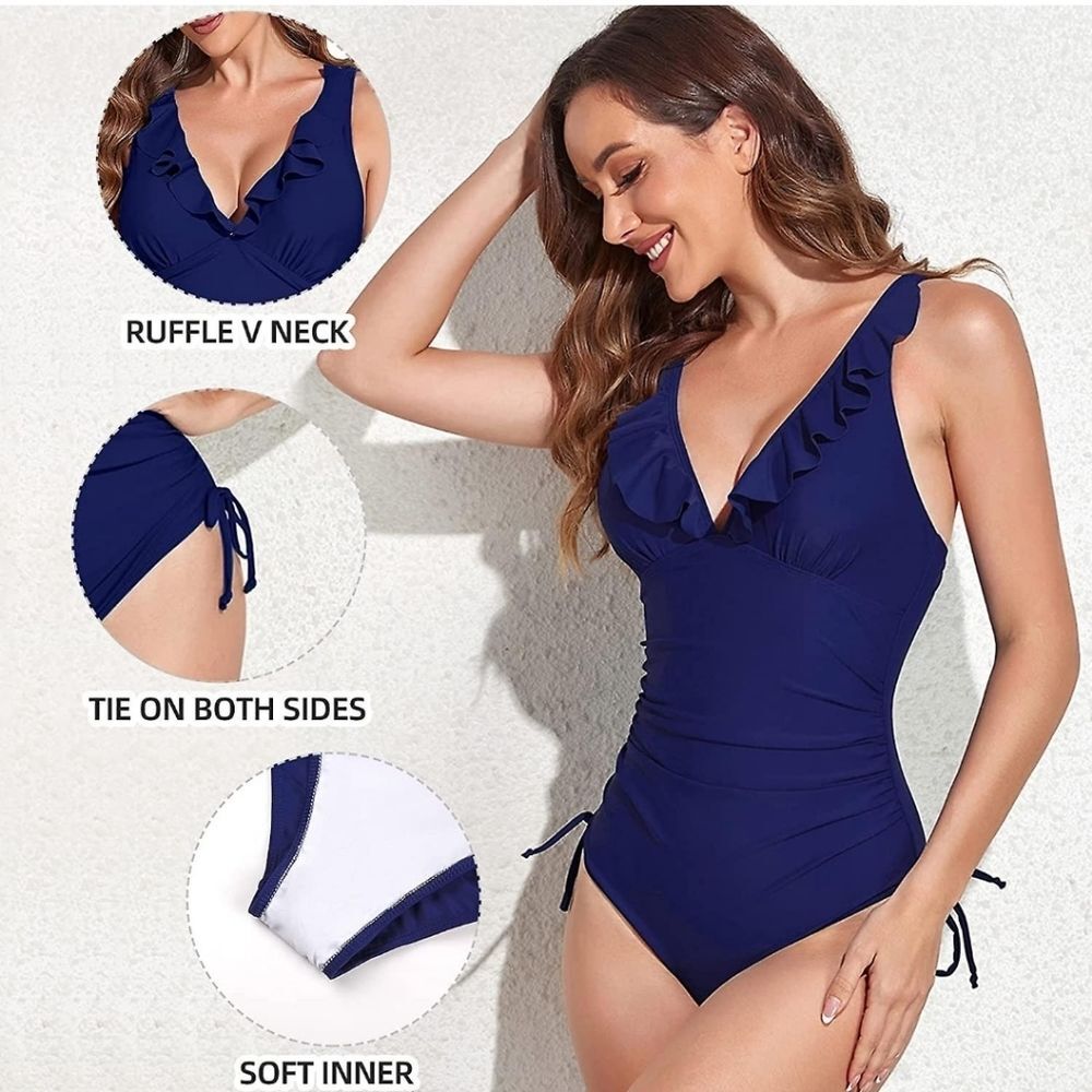 Women's Royal Blue Ruffled Trim V-Neck Side Tie 1 Piece Swim Suit - Size L - NWT - Picture 3 of 6